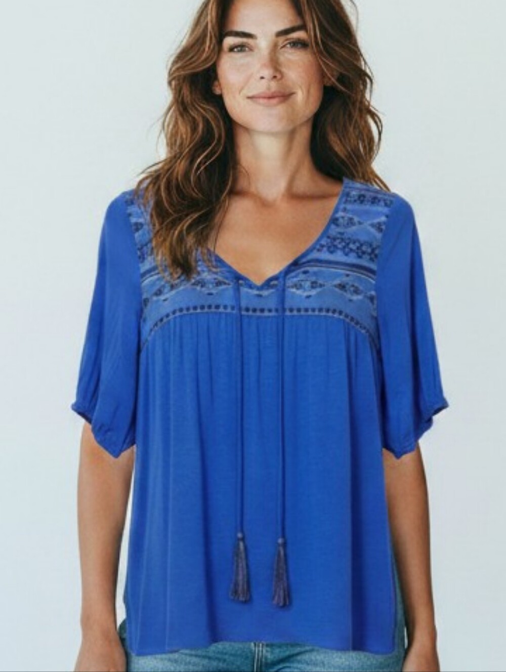 Energe Women's SMALL Tassel Top V-Neck Blue Half Sleeve Embroidered Boho